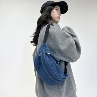 2024新款 胸包手机包 大容量文艺风牛仔布斜挎包女学生街头腰包个性