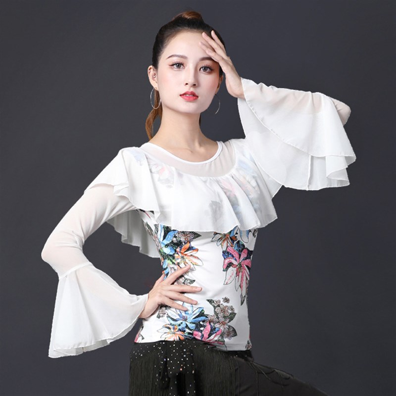 精选广场舞服装新款o喇叭袖上衣拉丁舞服成人女国标摩登舞跳舞衣