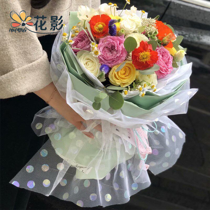 花影幻彩波点纱圆点彩色玫瑰花网包花纸礼品鲜花束包装纸材料蕾丝
