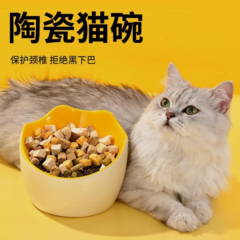 yee猫碗斜口护颈防打翻防黑下巴创意可爱宠物喝水易清洗陶瓷猫碗