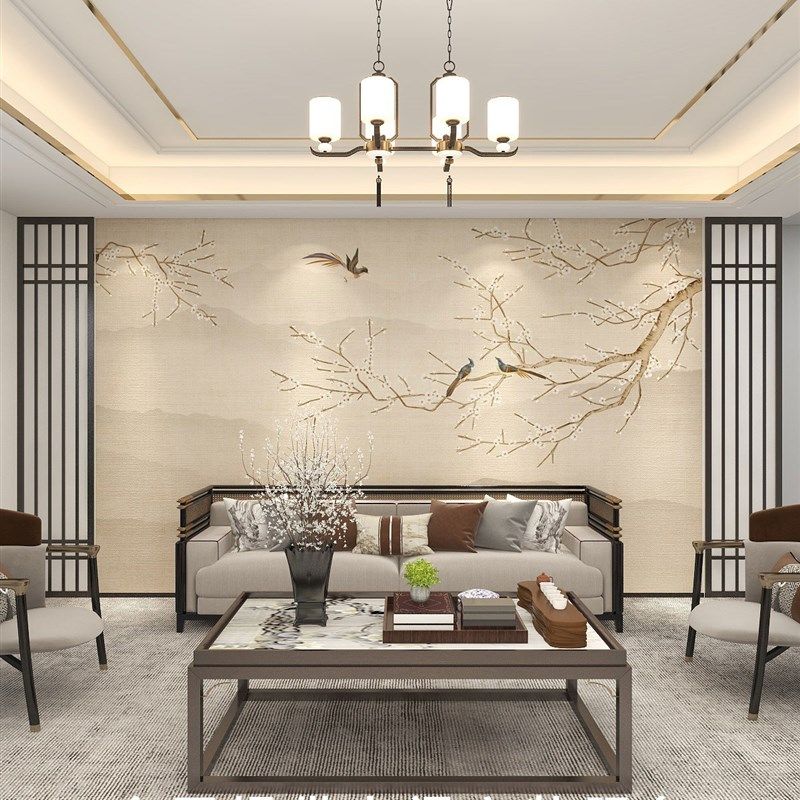 2024年新款中式花鸟p墙纸壁画客厅电视背景墙壁纸沙发卧室墙布壁,家装主材,定制壁画,淘宝优惠券,粉丝福利购,淘宝优惠卷