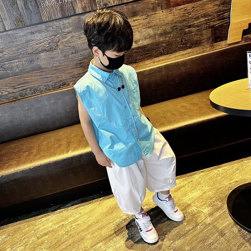 小众高货夏装儿童无袖衬衫2024新款男童背心帅气夏季套装韩版潮酷