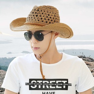 曼琪魅雅草帽男夏季户外遮阳帽子海边沙滩大沿西部牛仔子男士太阳