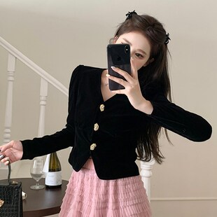 法式黑色丝绒新款气质V领上衣外套女赫本风胖mm大码套装网纱蛋糕