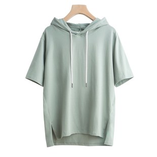 卫衣连帽下摆开衩纯色宽松短袖 纯棉夏季 t恤女2024新款 带帽半袖