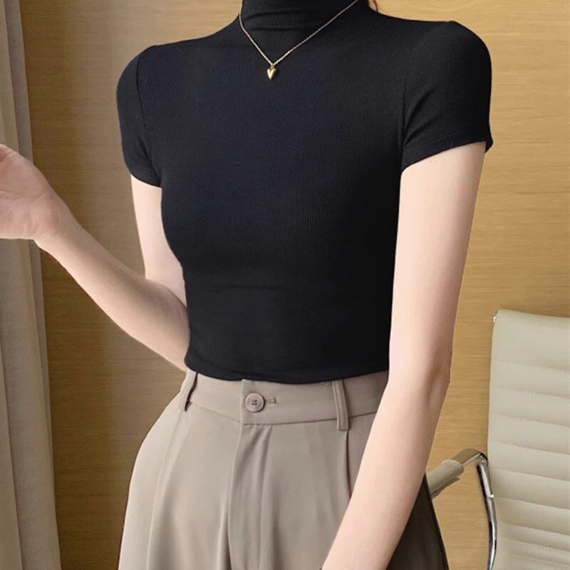 黑色正肩短袖t恤女士2024秋冬新款内I搭紧身显瘦高领针织打底上衣