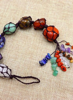 天然石头七彩石车挂 彩虹瑜伽流苏吊坠挂件饰P品手工编织室内摆件