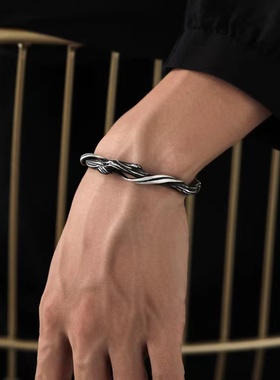 复古做旧纯银925《浮木》纯银手镯男高级感男款小众男士情侣镯子