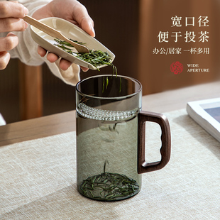 玻璃泡茶a杯过滤绿茶杯耐高温木把带盖办公家用喝水杯子茶道杯个