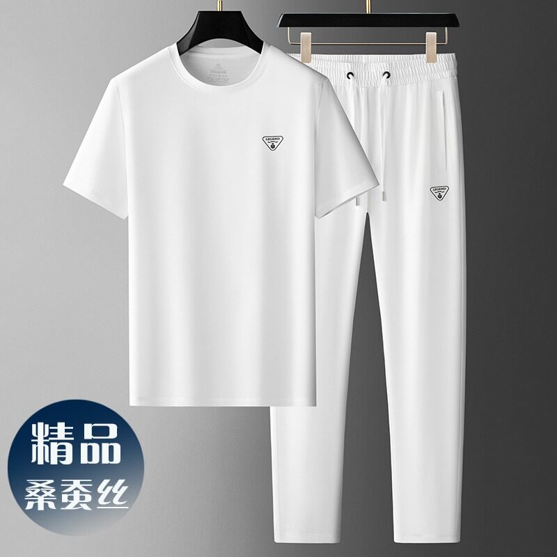 高端桑蚕丝休闲运动服套装男夏季薄款短袖宽松裤子中年男士两件套