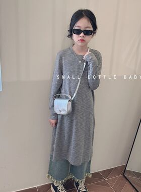 豆豆家2023秋季新款韩版女童灰色弹力长袖T裙洋气百搭长款连衣裙