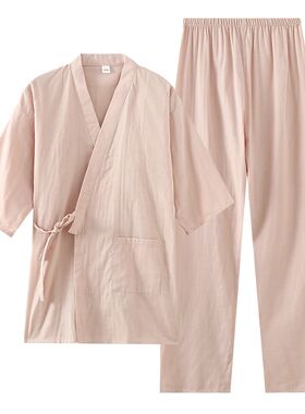 情侣春夏薄款日式和服睡衣男九分袖长裤开衫家居服日系带甚平和风