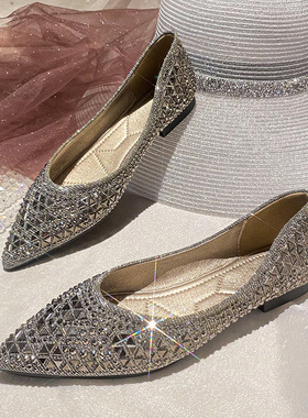 尖头单鞋女夏款平底灰色平跟2023新款水钻铆钉瓢鞋大码女鞋Z41一4