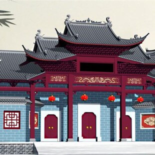 祠堂设计 祖堂宗祠仿古建筑门楼马头墙古建筑斗拱彩绘公祠效果图