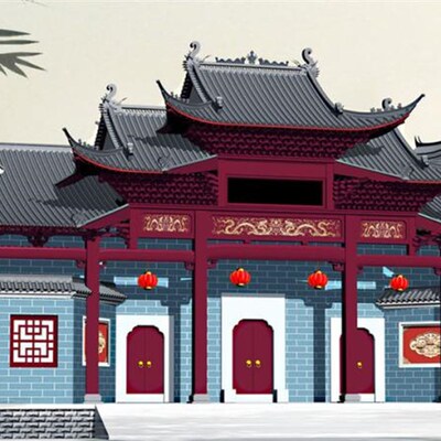 祠堂设计 祖堂宗祠仿古建筑门楼马头墙古建筑斗拱彩绘公祠效果图