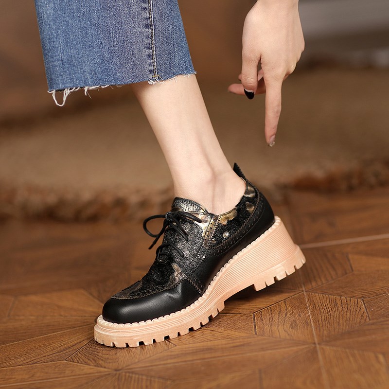 杨小东真皮圆头系带防水台厚底松糕鞋2024年春款潮流坡跟平底单鞋