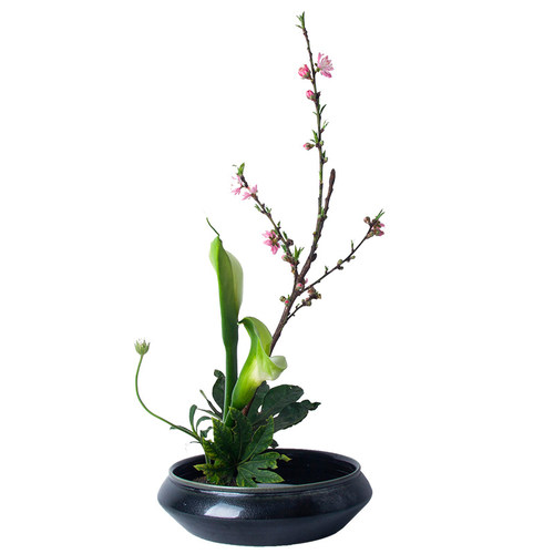 黑色陶瓷花器剑山插花器花盆日式花道简约茶室插花器皿棱角碗艺术