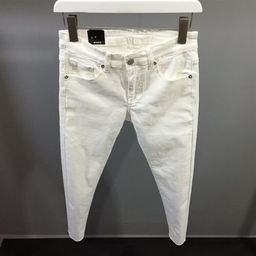 男士修身弹d力毛边白色牛仔裤2023春秋潮牌新款高端百搭小脚九分