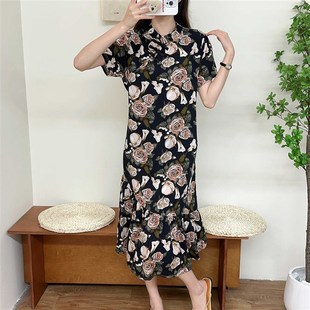 显瘦薄款 式 简约水墨画中国风人造棉中长裙 绵绸连衣裙旗袍款 新中式