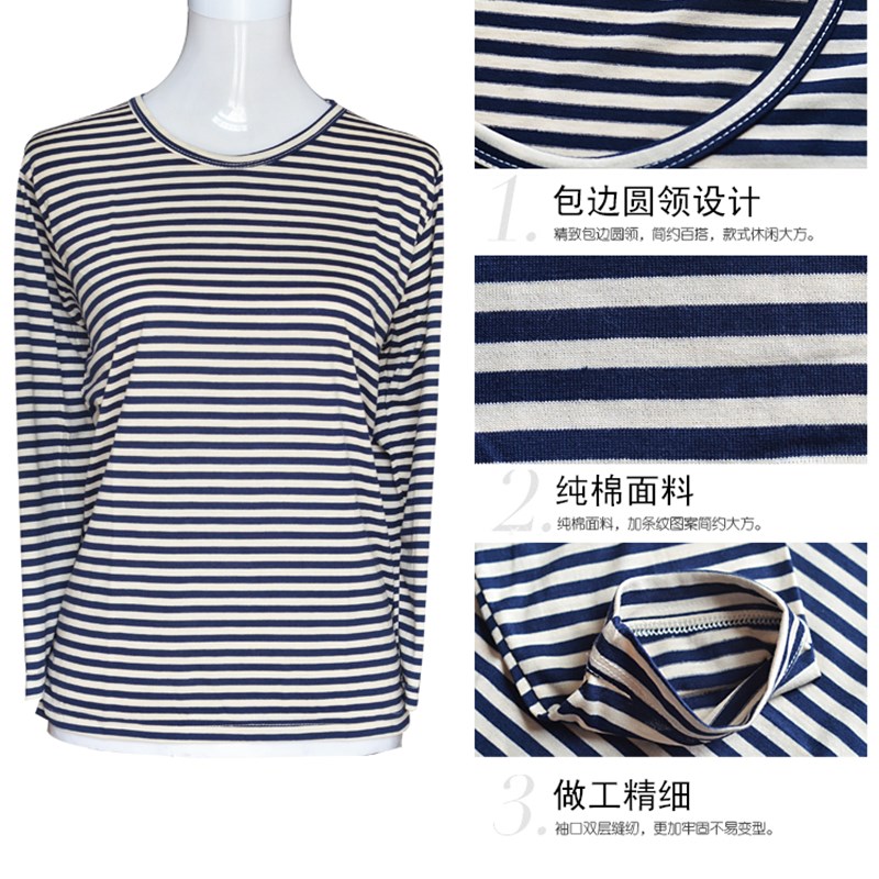 中老年人女装春装长袖T恤衫圆A领纯棉宽松老人上衣服条纹打底衫薄