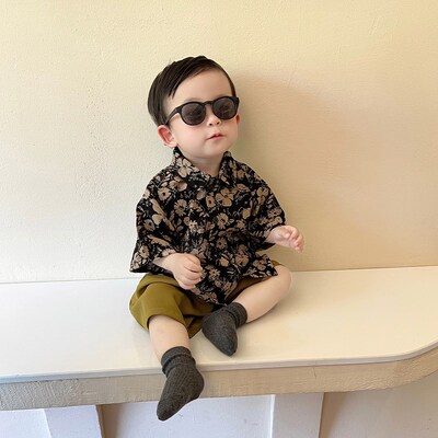 儿童夏季套装婴童男宝宝复古港式帅气宽松花衬衫出街夏装二件套潮
