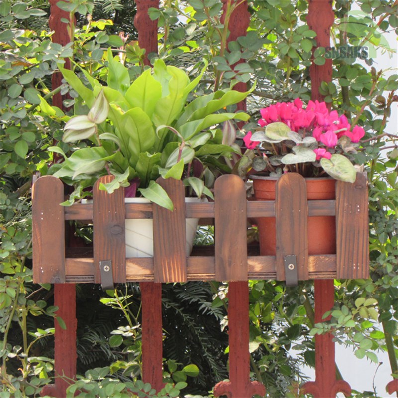 新款圆头木栅栏花盆 碳化防腐木花篮长方形创意挂式花槽阳台栏杆