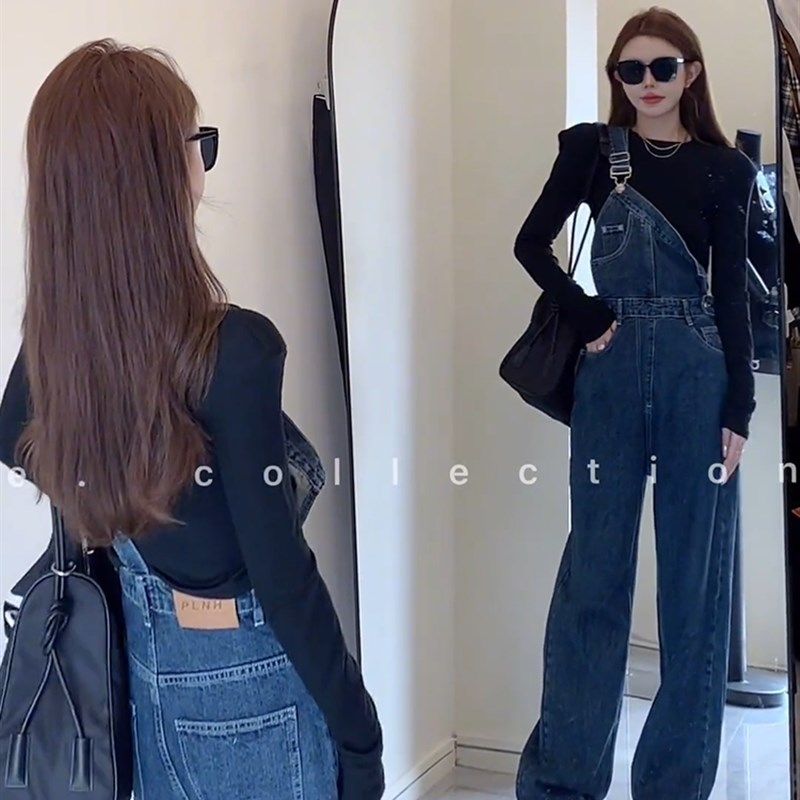 复古牛仔背带裤女2024秋季新款单肩带设计感宽松直筒连体阔腿长裤,女装/女士精品,牛仔裤,淘宝优惠券,粉丝福利购,淘宝优惠卷