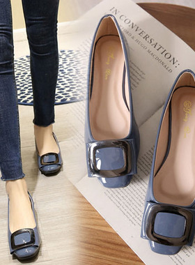 2020新款秋软底鞋女平底女鞋平跟单鞋浅口方扣工T作鞋女黑蓝色瓢