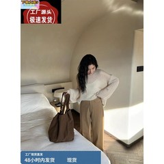 温柔黄色慵懒风软糯马海毛镂空针织衫女春秋季新款宽松灯笼袖毛衣