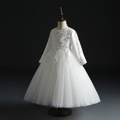儿童礼服公主裙女童白色长袖加厚小花童婚L礼钢琴演出服洋派秋冬
