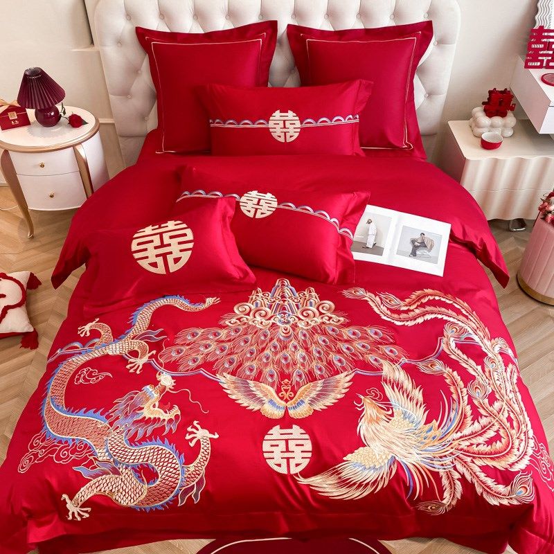 中式龙凤刺绣结婚四件套高级感红色被套喜被婚庆床上用品,床上用品,婚庆床品套件,淘宝优惠券,粉丝福利购,淘宝优惠卷