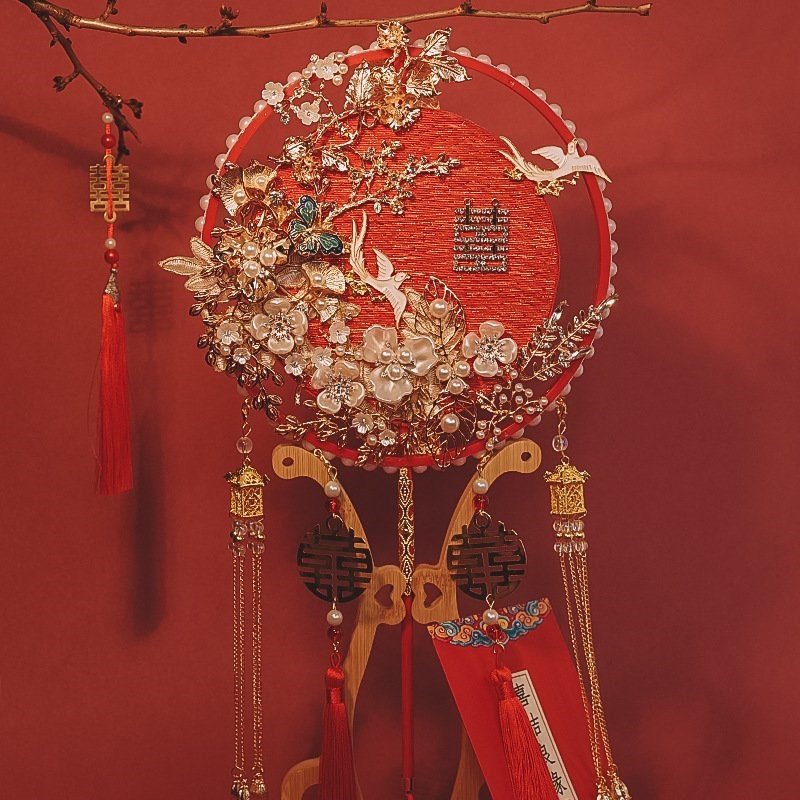 26X8新娘结婚团扇diy材料包手工古风秀禾喜扇红色成品重工中式婚
