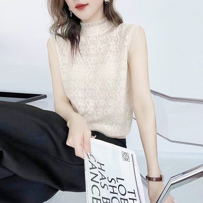花边领提花无袖针织背心女夏季2023新款蕾丝内搭冰丝上衣镂空显瘦