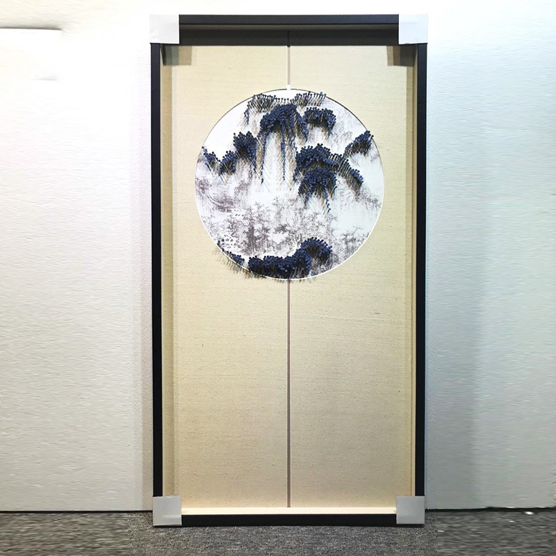 新中式客厅装饰画实物立体挂画圆形钉子画山水墙壁画样板间别墅画图片