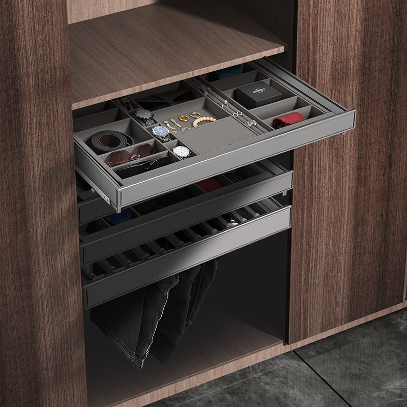 衣柜拉篮首饰盒抽屉式格子抽内置抽拉裤架可伸缩滑轨五金百宝格