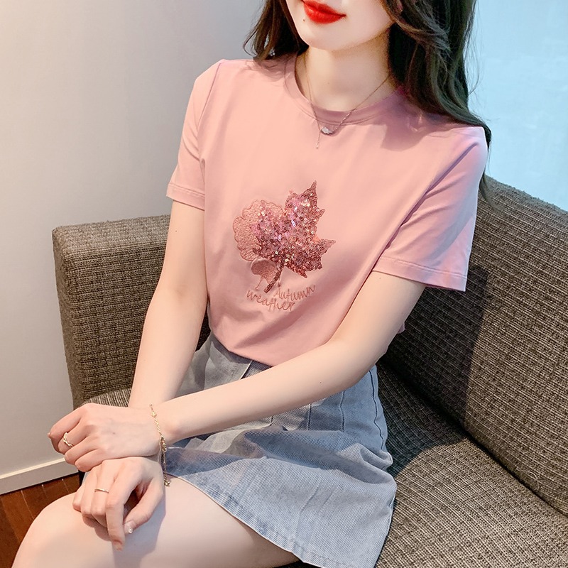 刺绣圆领短袖t恤2023新款韩版显瘦时尚宽松减龄上衣潮女夏季薄款