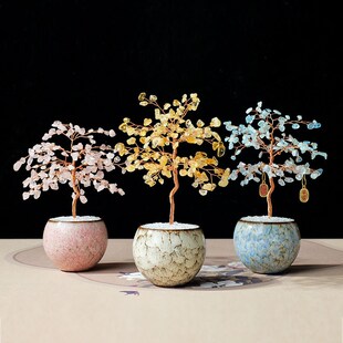 天然黄紫粉水晶发财树家居办公室桌面装饰品可爱工艺品招财树摆件