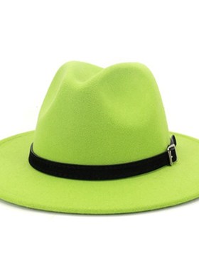 Wo Wide Brim Wool Felt Fedora Panama Hat with Belt Buckle Ja