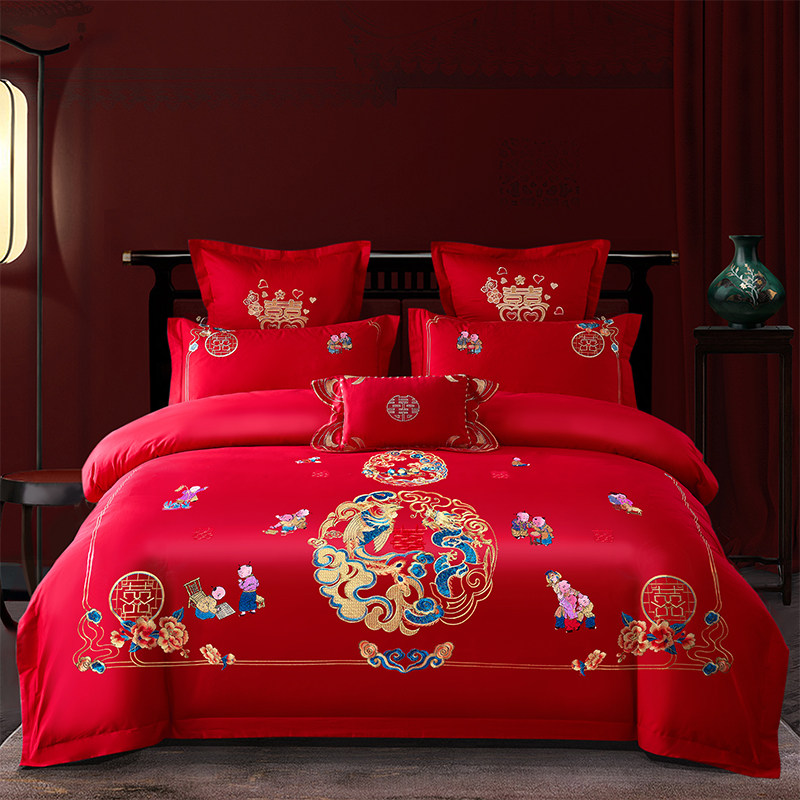 结婚庆被套床上四件套全棉刺绣喜被罩4件大红色婚房喜庆床品,床上用品,婚庆床品套件,淘宝优惠券,粉丝福利购,淘宝优惠卷