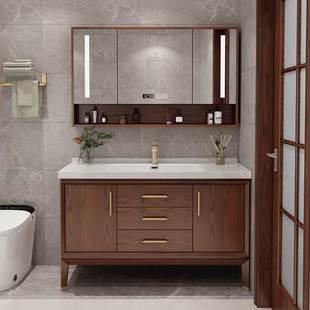 新品新中式红橡木f一体陶瓷盆落地式浴室柜智能镜柜组合洗漱池台