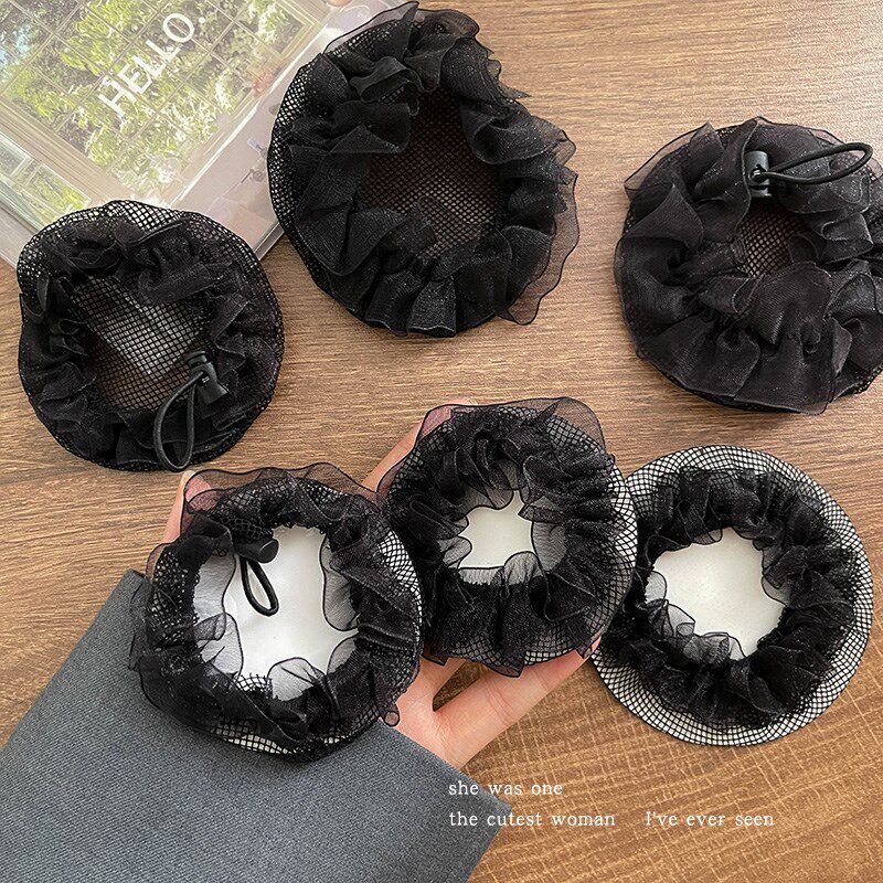 新品简约网纱黑色发网女后脑勺丸子头碎发神器盘发网兜高弹力发圈