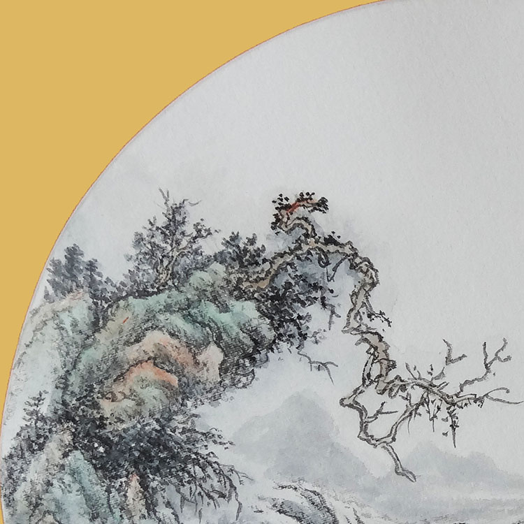 手绘国画装饰画圆形山水宣纸实木框明清古典工笔中式风景画3102合图片