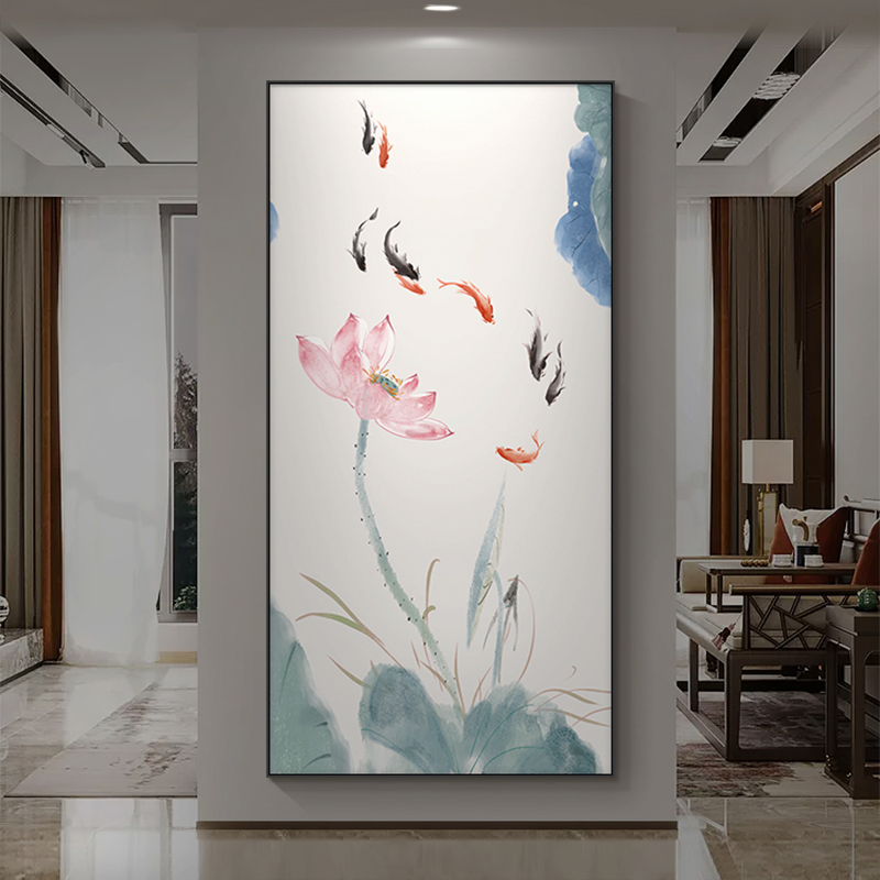 新中式荷花玄关装饰画入r户正对门墙画走廊过道壁画九鱼图楼梯挂图片