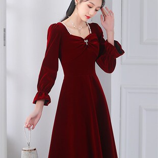 敬酒服新娘平时可穿冬季长袖酒红色回门便装结婚订婚礼服连衣裙女