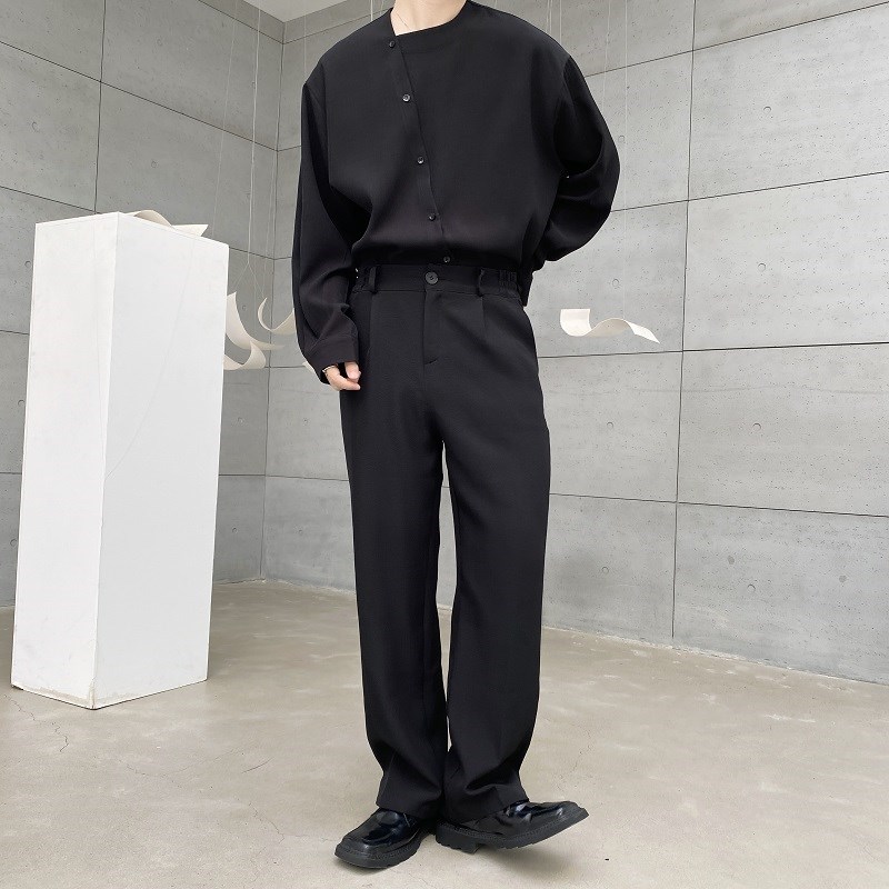 山本耀司新中式男装不规则斜襟衬衫男纯黑色汉服唐装无领衬衣外套