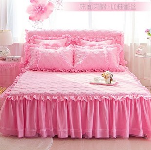 公主风夹棉加厚床裙三件套1.51.8m单件床套粉色蕾丝花边防滑床罩