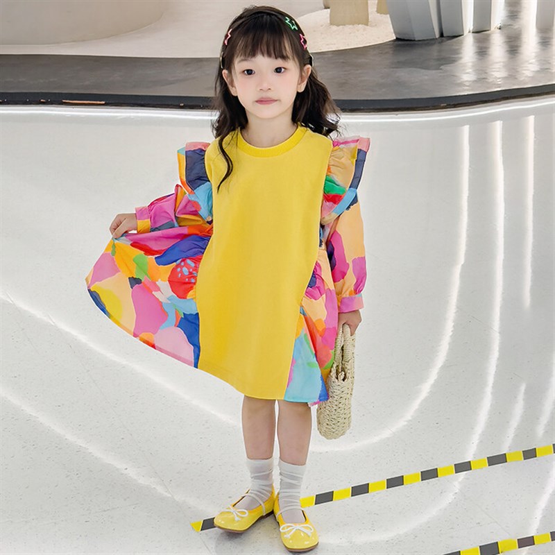 秋装女童连衣裙彩色涂鸦2024新款宝宝长袖裙子洋气儿童公主裙黄色