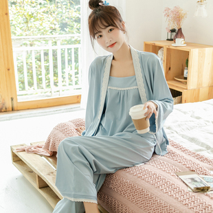 长袖睡衣三件套春秋纯棉女新款可爱宫廷风秋季家居服汉服古风套装