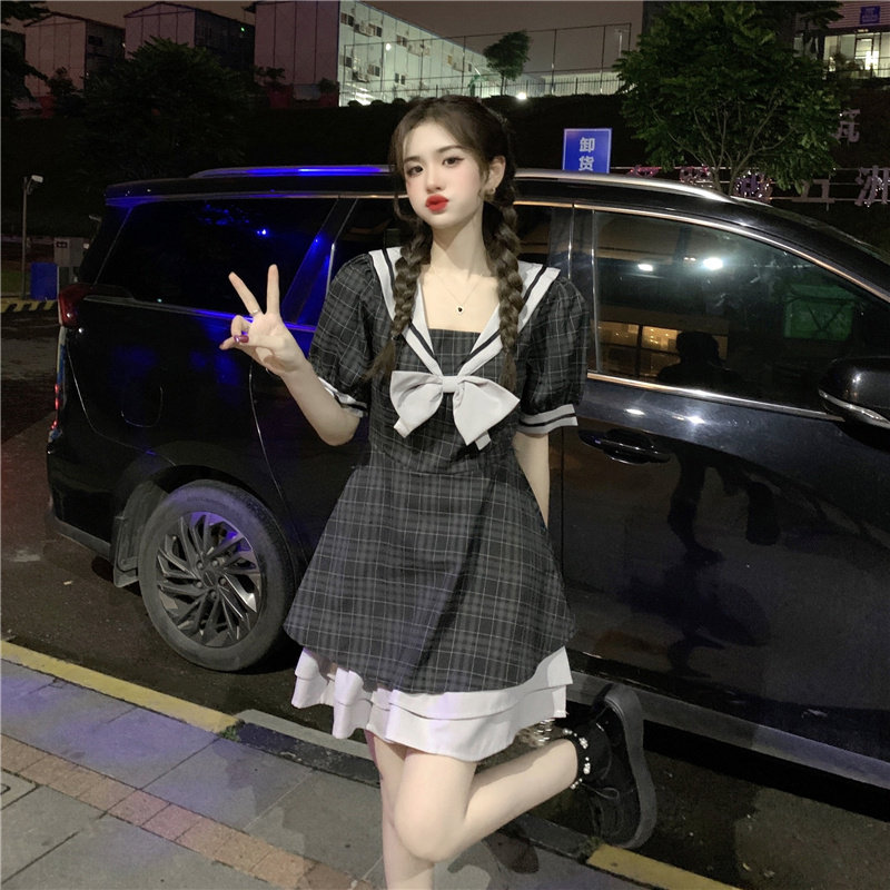 现货大码胖MM学院风减龄蝴蝶结连衣裙女J夏季收腰遮肚显瘦裙子a字