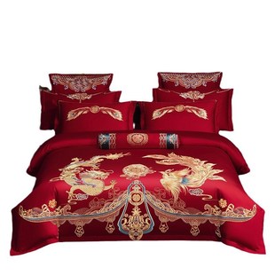 婚庆全棉四件套大红刺绣结婚龙凤套件纯棉送被子芯新婚房床上用品